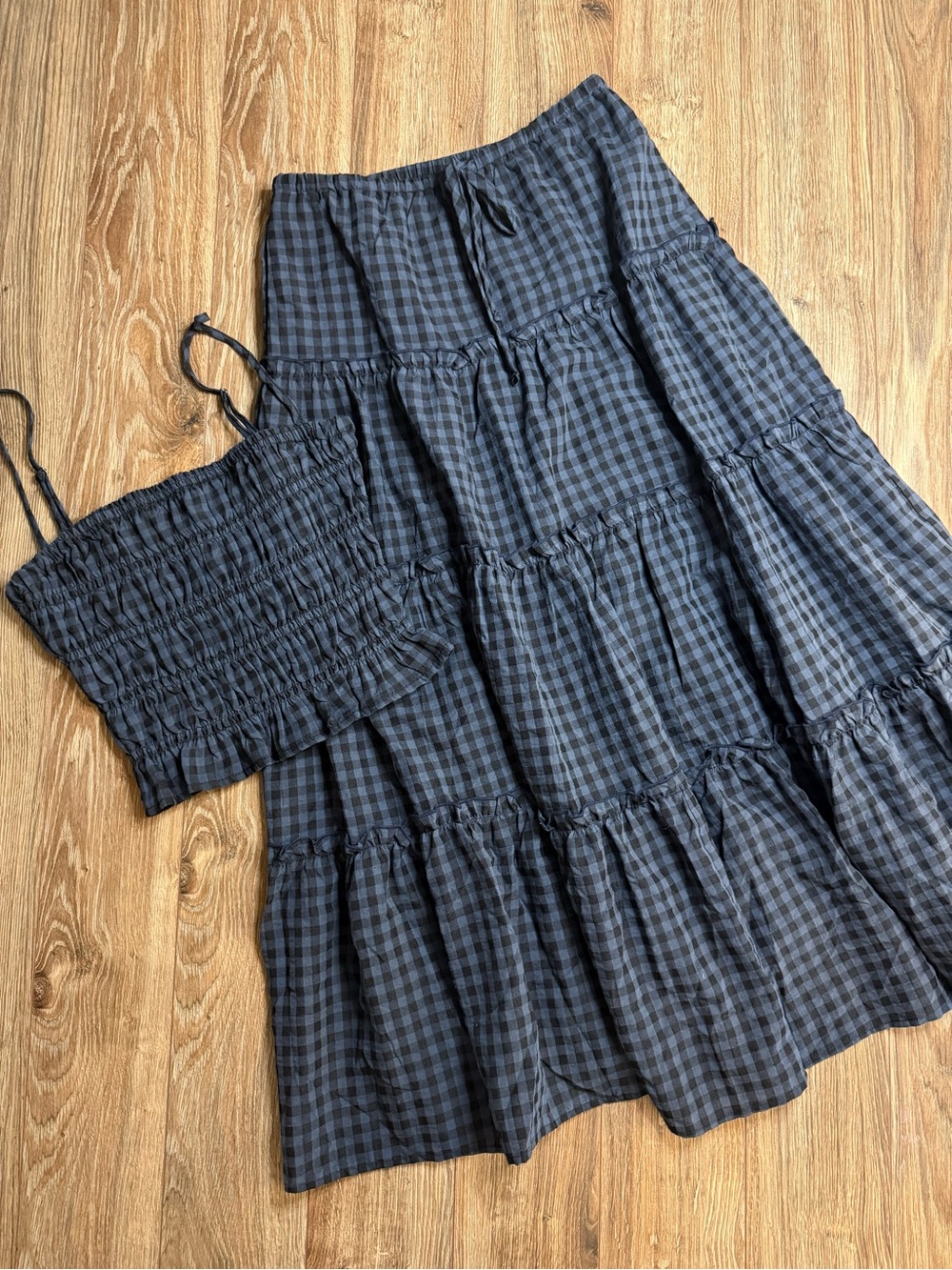 Smocked Gingham Tiered Maxi Skirt in Navy/Black - Women’s